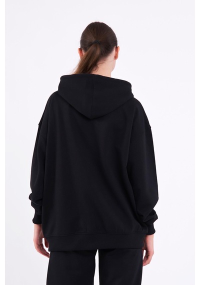 MMetalic Siyah Kanguru Cepli Kapüşonlu Fermuarlı Oversize Kadın Sweatshirt Mtlcb73 Siyah