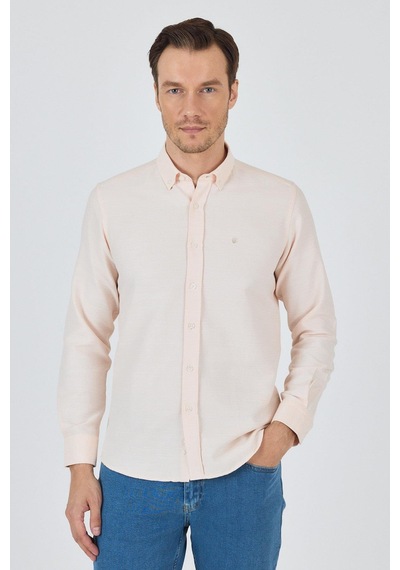 İmza Uzun Kol Desenli Armürlü Düğmeli Yaka Cepsiz Pamuklu Classic Slim Fit Gömlek 1004250205 Somon