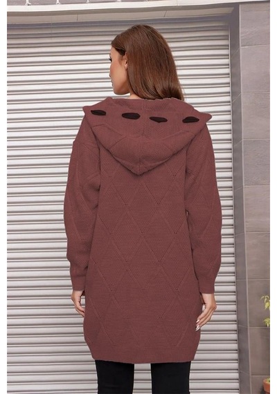 Aqe Fashion Kapüşonlu Kabartma Desenli Şerit Garnili Tarçın Hırka Tarçın