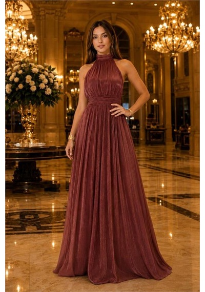 Neşeli Butik Kadın Kiremit Halter Yaka Janjan Kumaş Premium Abiye Elbise Nbmy4128