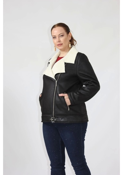Moda Berray 3263 Kısa Içi Kürklü Eteği Kemer Detaylı Kaban Siyah Siyah