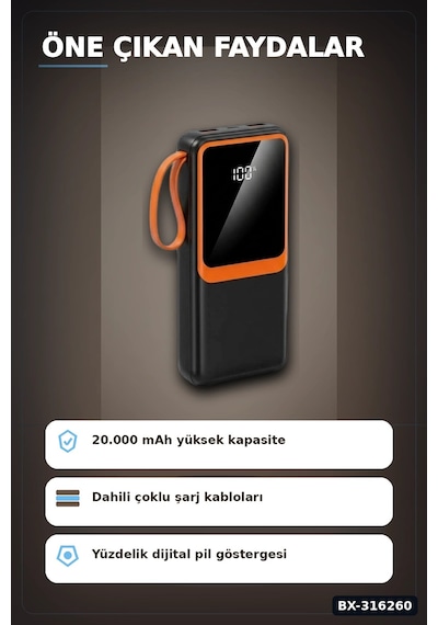 20000 Mah Powerbank Dahili Çoklu Kablolu Ve Dijital Göstergeli Taşınabilir Şarj Cihazı Bx-316260 Çok Renkli