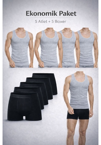 Qulat Erkek Atlet Boxer Seti 10 Lu Ekonomik Paket 5 Atlet + 5 Boxer Pamuklu İç Giyim Gri - Siyah