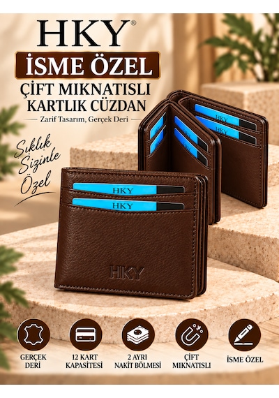 Hky İsme Özel Hakiki Deri Çift Mıknatıslı Erkek Cüzdan Kartlık Acı Kahverengi