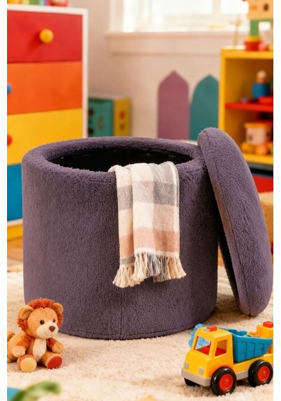 Sandıklı Peluş Puf 40x40x42 Cm Dekoratif Oturma Pufu Makyaj Masası Taburesi - Antrasit Çok Renkli