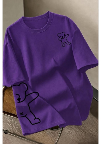 Ayıcık Baskılı Unisex Oversize Sokak Stili T-shirt Mor