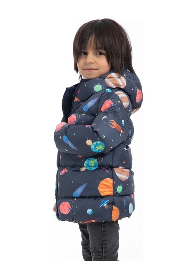 Erkek Çocuk Polarlı Kapüşonlu Gezegen Yıldız Desenli Kışlık Şişme Mont & Kaban & Parka-29 Lacivert