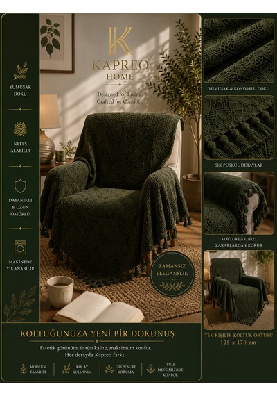 Kapreo Home Oceanwave Çok Amaçlı Örtü 170 X 200 Koyu Yeşil