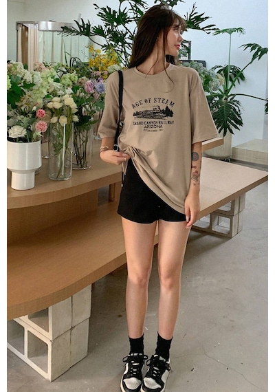 Unisex Age Of Steam Baskılı Tasarım Tshirt Bej