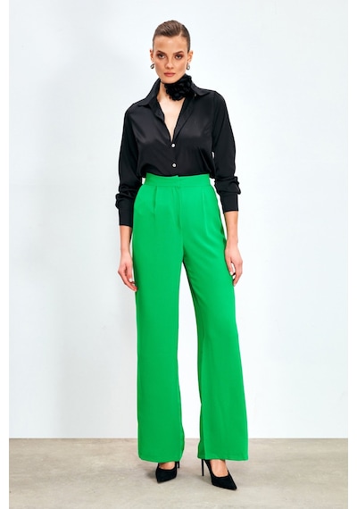 Sateen Pileli Krep Pantolon - Yeşil