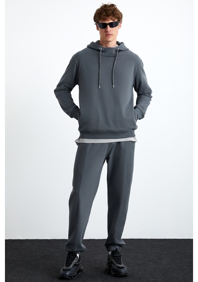 Grimelange Alessıo Erkek %100 Pamuk Kapüşonlu Kordon Detaylı Oversize Fit Gri Sweatshirt Gri