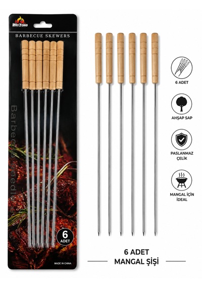 Nse Ahşap Saplı Paslanmaz Mangal Şişi 6 Lı Set 40 Cm Barbekü Kebap Şişi