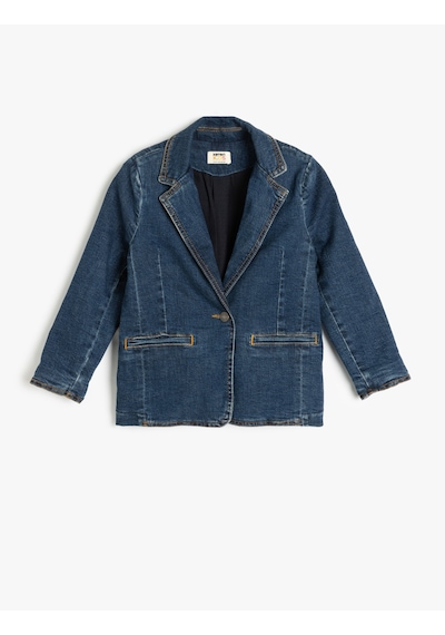 Koton Pamuklu Uzun Kollu Cep Detaylı Kruvaze Yaka Denim Ceket Koyu İndigo 5skg20023ad Dark Indigo Koyu İndigo