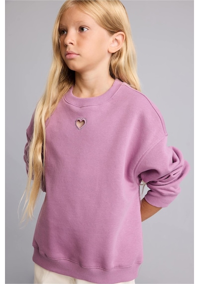 Defacto Relax Fıt Bisiklet Yaka Kalp Desenli İçi Yumuşak Tüylü Kalın Sweatshirt Kumaşı Sweatshirt Kız Çocuk I6192a826wnpr237 Mor-pr237