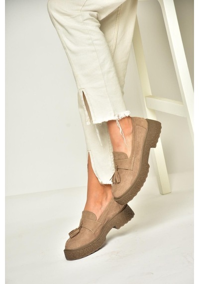 Fox Shoes T996193002 Vizon Süet Kalın Tabanlı Makosen Ayakkabı Vizon