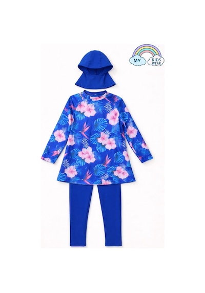 My Kids Wear Kız Çocuk Tesettür Mayo 3 Lü Takım Üst + Tayt + Bone 12568 Mavi