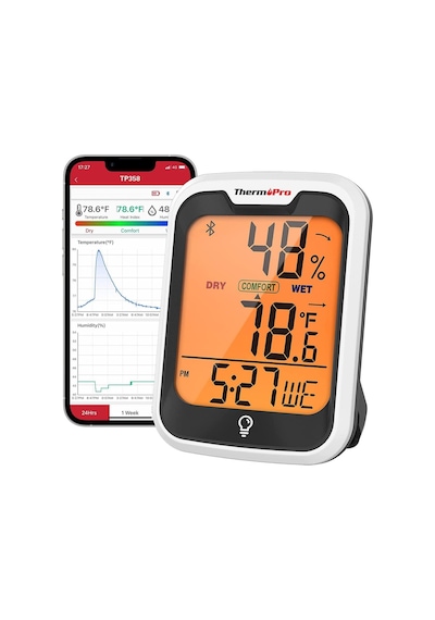 ThermoPro TP358 Telefon Kontrollü, Saatli, Takvimli, İç Mekan Sıcaklık ve Nem Ölçer Termometre