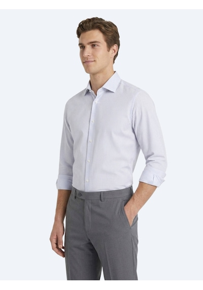 Kip Gri Çizgili Regular Fit Uzun Dokuma Casual Pamuk Karışımlı Gömlek