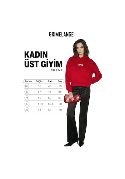 Grımelange Sılent Kadın Kapüşonlu Organik Pamuklu İçi Polarlı Kangru Cepli Baskılı Nakışlı Kırmızı S Kırmızı