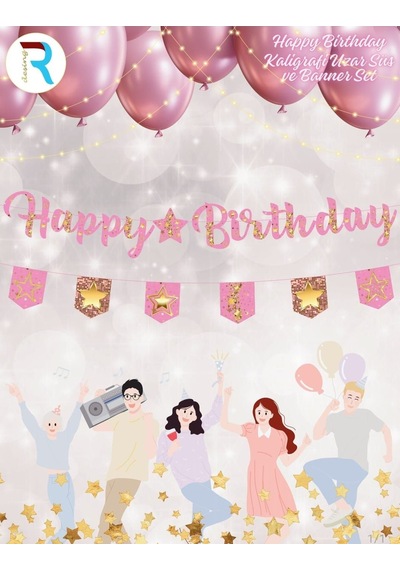 Premium Etkinlik Harf Bayrak Duvar Süsü Happy Birthday Pembe Gold Bayraklı Kaligrafi Diğer