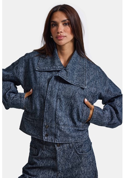 Kadın Mavi 9w6-197 Crop Kruvaze Özel Kumaş Tasarım Denim Ceket