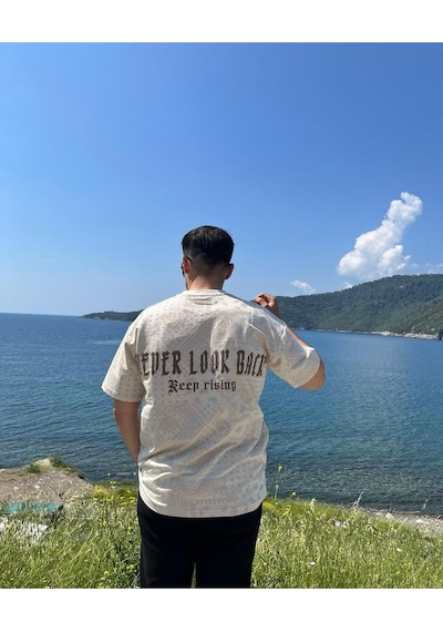 Erkek Bisiklet Yaka Oversize Baskılı T-shirt Krem
