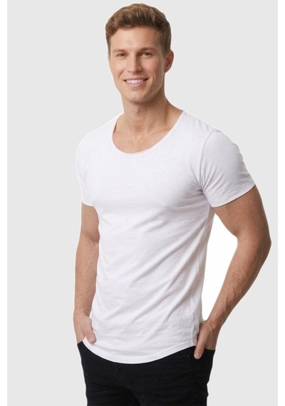 Deepsea Erkek Beyaz Geniş Yaka Likralı Tişört Oval Yaka Slim Fit Eteği Oval Açık Yaka T-shirt 1801199 Beyaz