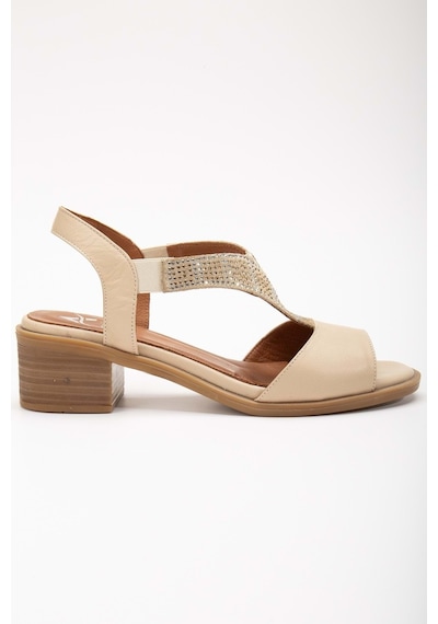 Analin Shoes Kadın Hakiki Deri Lastikli Rahat Taşlı Sandalet Kot Mavi Bej