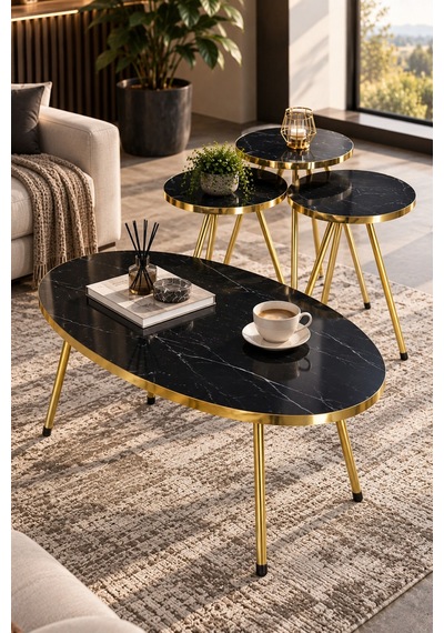 Sulorahome Elips Elips Orta Sehpa Ve Zigon Sehpa Seti Altın Metal Ayaklı Siyah - Altın Sulorahome Elips Elips Orta Sehpa Ve Zigon Sehpa Seti Altın Metal Ayaklı Siyah - Altın