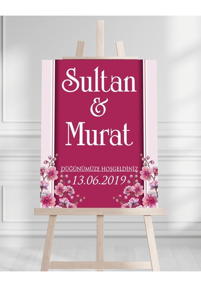 Söz Nişan Düğün İçin 50x70 Karşılama Panosu - Pembe Çiçek Tasarımlı 1 Beyaz