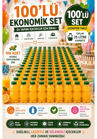 100'lü Set Şeffaf Kaplumbağa Şişe Yeşil Kapaklı Pet İçecek Şişesi Çocuk Beslenme Matarası 250 Ml