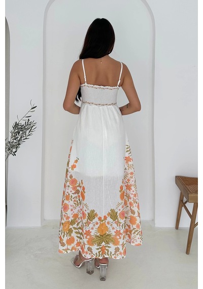 Asprin Fashion Keten Kumaş Çicek Desenli Elbise Beyaz