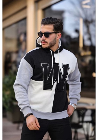 Erkek W Nakış İşlemeli Kapüşonlu Sweatshirt - Siyah