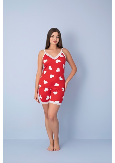 Pıove Kadın Kalp Desenli Askılı Şortlu Pijama Takımı Dantel Detaylı Rahat Ev Giyim Seti Kırmızı Pıove Kadın Kalp Desenli Askılı Şortlu Pijama Takımı Dantel Detaylı Rahat Ev Giyim Seti Kırmızı