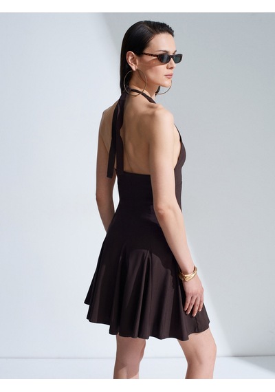 Dilvin 91633 Halter Yaka Mini Elbise-koyu Kahve