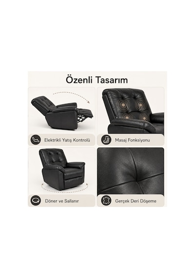 Smarto Relax Basel Elektrikli Masajlı Döner Sallanan Tv Koltuğu Kontrol Panelli Ergonomik Gerçek Deri Baba Koltuğu Siyah