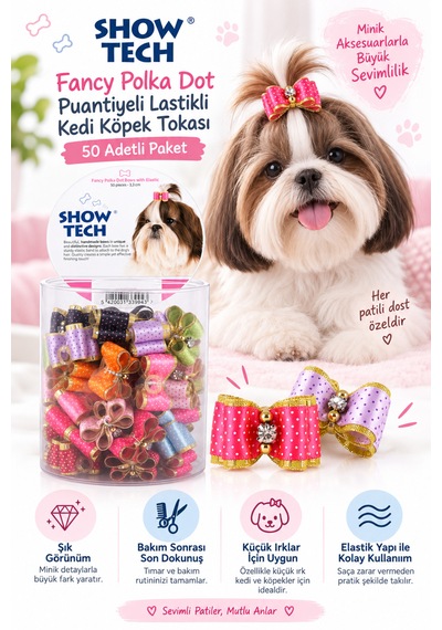 Showtech Fancy Polka Dot Puantiyeli Lastikli Kedi Köpek Tokası 50 Adetli Paket