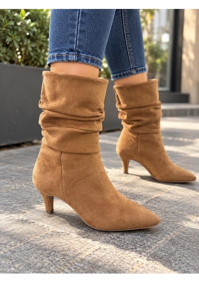 Asmi Shoes Kadın Gina Taba Körüklü 6 Cm Topuklu Sivri Burun İnce Topuk Yarım Boy Çizme
