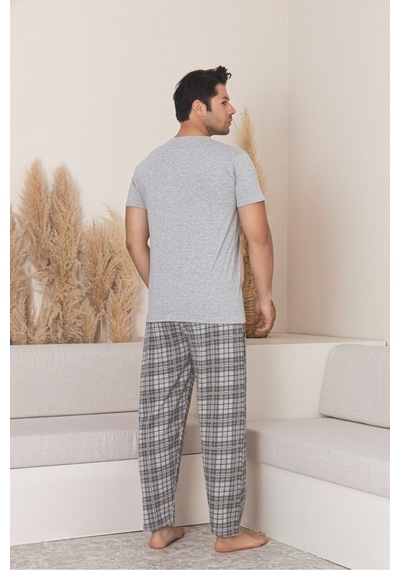 Sude Homewear Erkek Ekoseli Kısa Kol Pijama Takımı Gri
