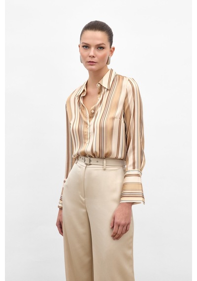 Sateen Renkli Çizgili Gömlek - Camel-136814 CAMEL