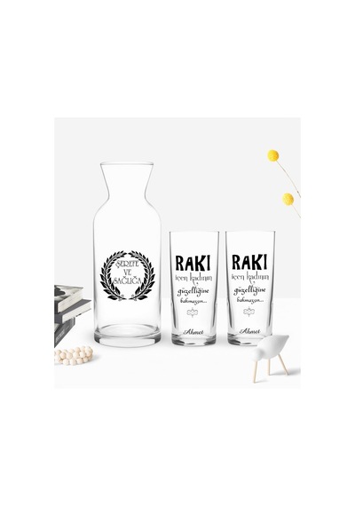 Kişiye Özel Renkli Baskılı Rakı İçen Kadının Tasarımlı İkili Rakı Bardağı Ve Karaf Hediye Seti-1