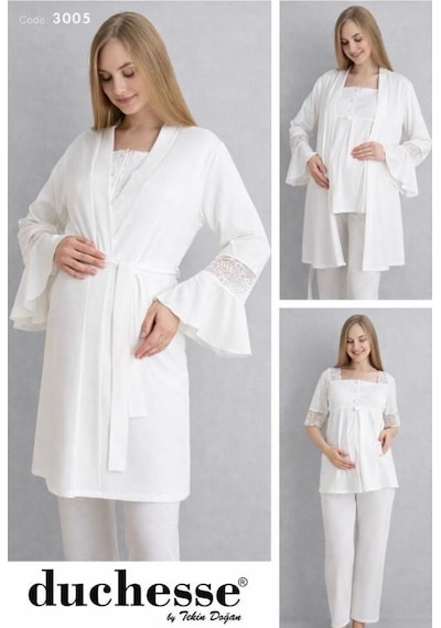 Duchesse 3005 Ekru 3'lü Hamile Lohusa Pijama Sabahlık Takım