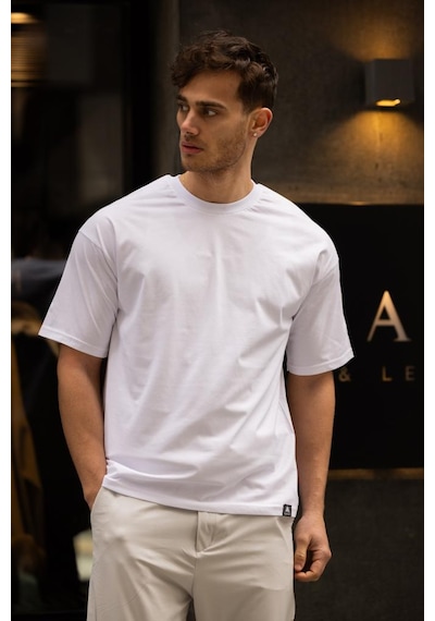 Gravel Oversize Bisiklet Yaka Pamuklu T-shirt - Beyaz Beyaz