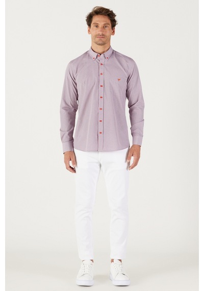 AC&Co / Altınyıldız Classics Erkek Lacı Kırmızı Slim Fit Dar Kesim Düğmeli Yaka Logolu Cepli Pamuklu Çizgili Gömlek Lacivert - Kırmızı