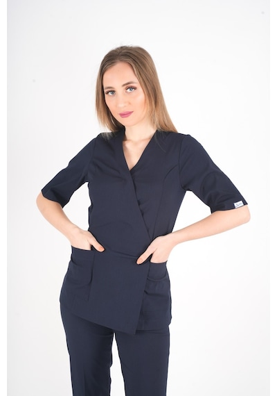 Lacivert Elegant Model Cerrahi Üniforma Belden Bağlamalı Scrubs Takım Lacivert