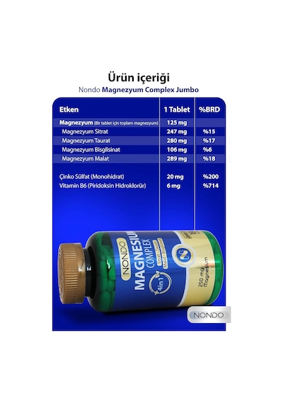 Magnezyum Kompleks 60 Tablet 250 Mg 4 Form, Sitrat, Taurat, Malat, Bisglisinat, B6 Vitamini
