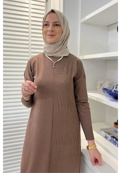 Rabia Şamlı Zebra Desen Triko Elbise Sütlü Kahve Kahverengi
