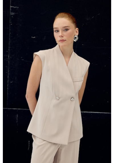 Sateen Anna Çizgili Yelek - Bej-137102 Bej