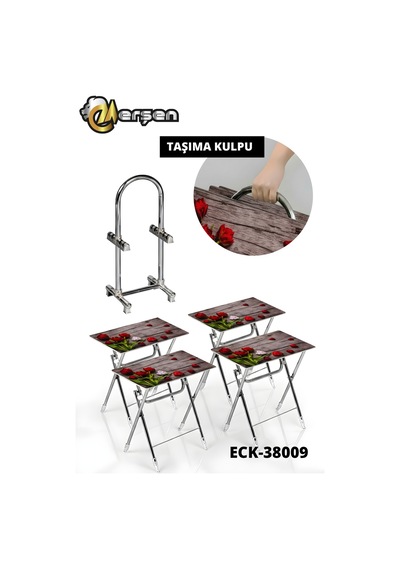 Eranş Serisi 4'lü Katlanır Cam Ahşap Kalp Ve Gül Desen Çanta Zigon Sehpa Krom Ayak Ahşap Kalp Ve Gül Desen