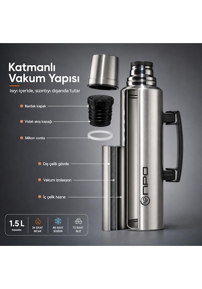 Npo Nt01 1.5l Çift Katmanlı Vakum Teknolojili 24h Sıcak 48h Soğuk 72h Buzlu Koruma Çelik Termos Diğer
